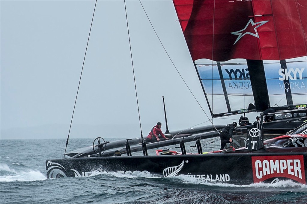 The acceleration and 50kts of apparent wind require you to hang on tightly or be flicked over the aft beam - Emirates Team New Zealand AC72 testing on the Hauraki Gulf.  © Chris Cameron/ETNZ http://www.chriscameron.co.nz